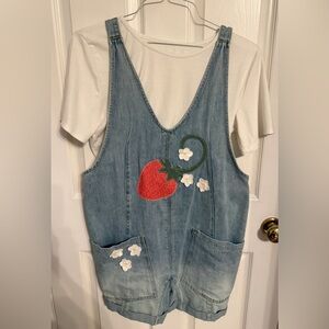Denim Strawberry Patch Themed Embroidered Romper with Crop Top, M/L